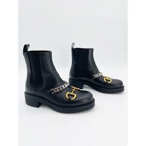 Gucci Flores Black Calfskin Horsebit Chain Low Heel Chelsea Ankle Boots IT 37
